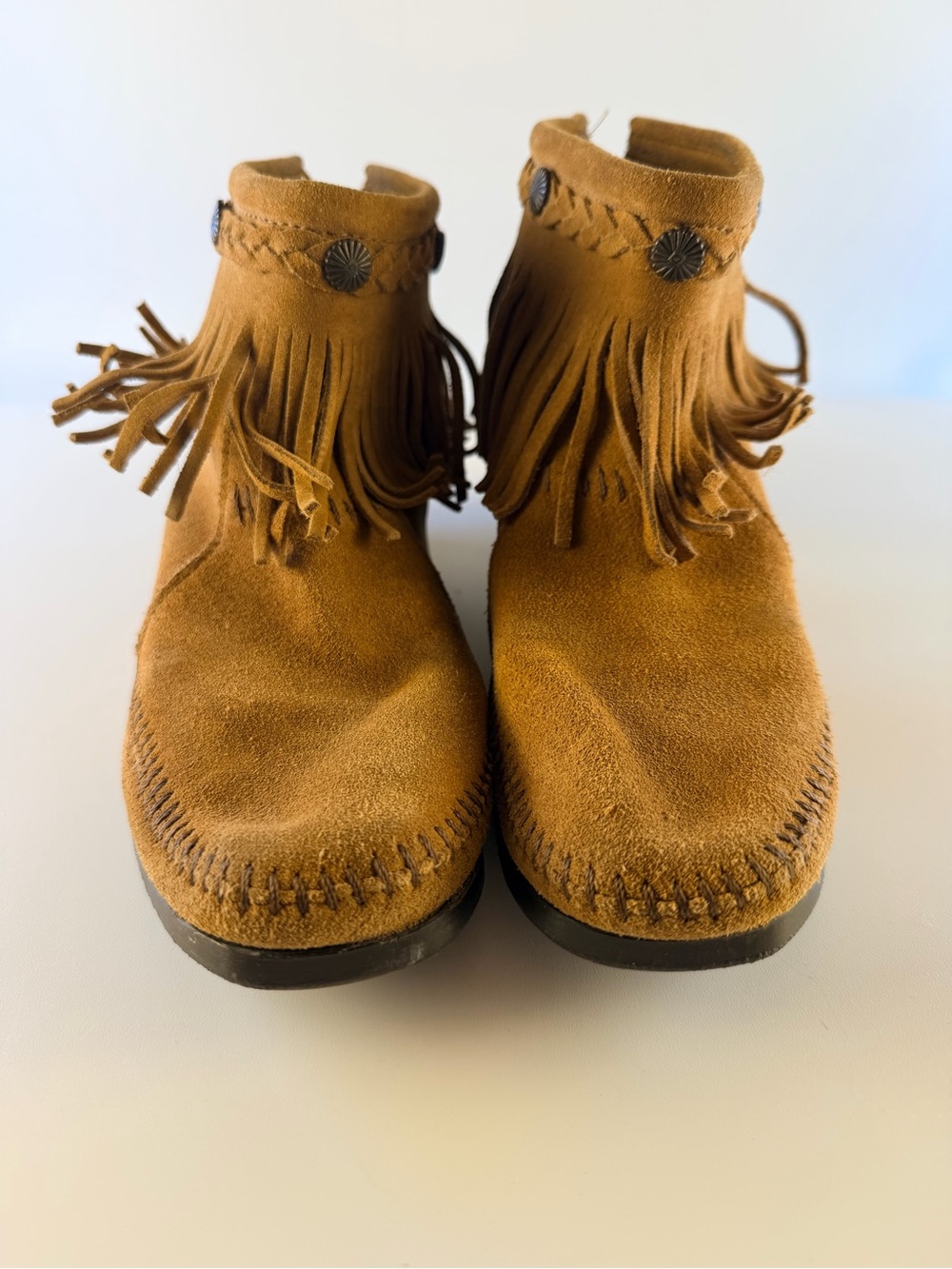 Minnetonka Tan Suede Fringe Moccasin Ankle Boots